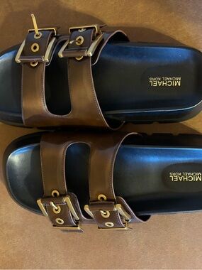 MICHAEL Michael Kors Brown Leather Double-Buckle Slide Sandals with Gold Buckles